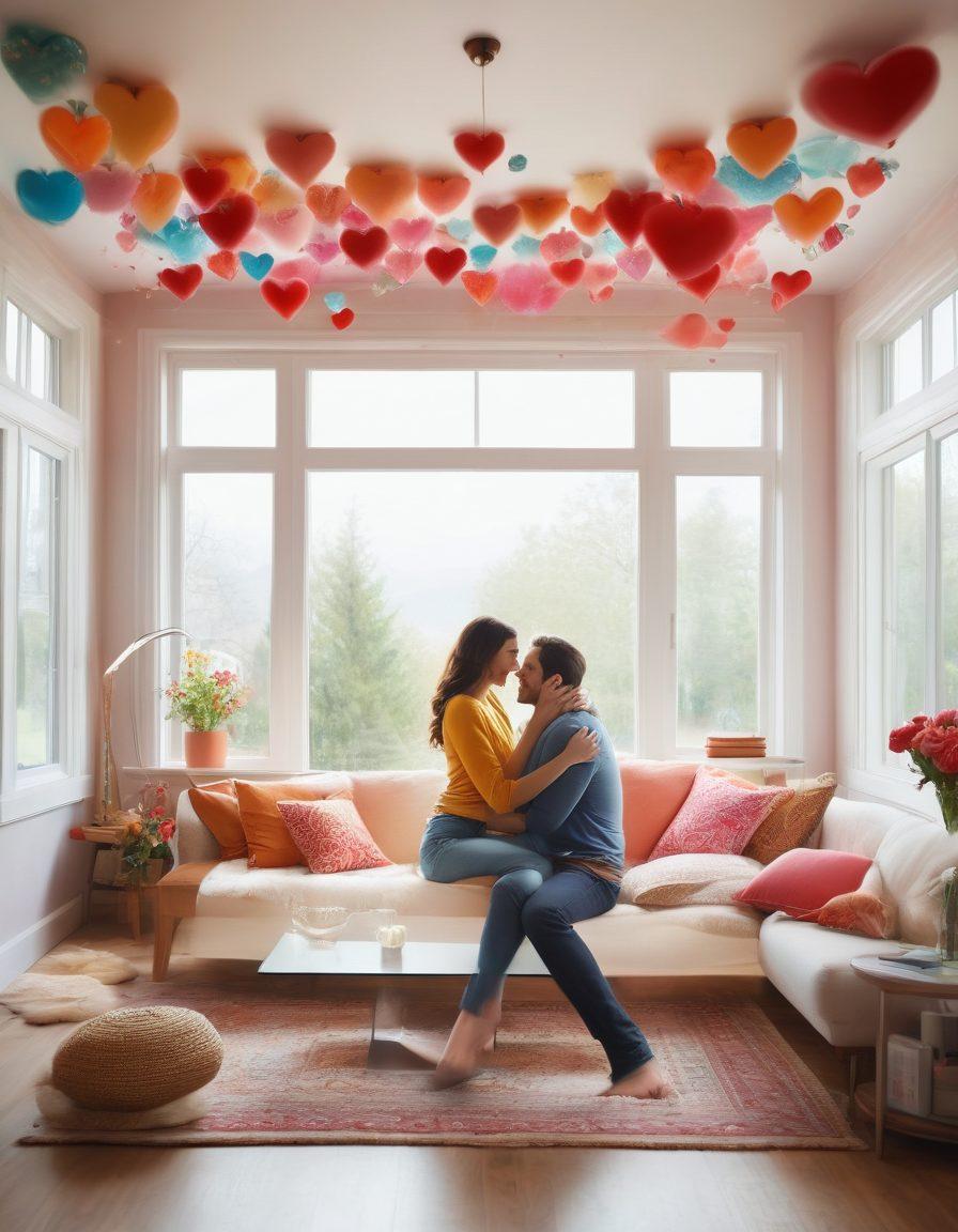 A couple joyfully embracing in a cozy home environment, surrounded by symbols of love like hearts and flowers, contrasted with transparent shields representing various forms of insurance, such as health, home, and life. The background features a calm, sunny day that reflects security and warmth. The scene is infused with soft, inviting colors to evoke feelings of trust and safety. super-realistic. vibrant colors. soft focus.