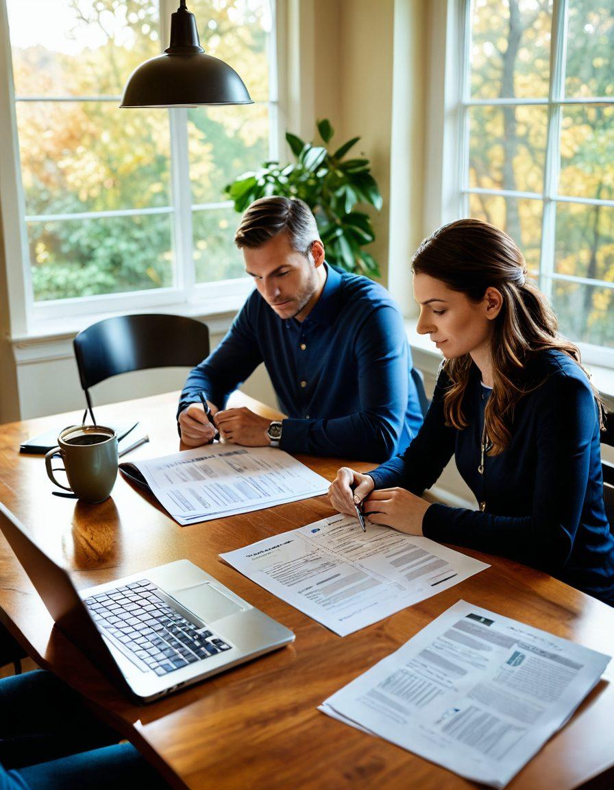 A harmonious couple sitting at a cozy dining table, surrounded by various insurance policy documents and a laptop open displaying comparisons of different insurance plans. Soft sunlight filters through a window, creating a warm atmosphere. Include visual elements like a calculator and coffee mugs to enhance the theme of planning and decision-making together. super-realistic. vibrant colors. cozy setting.