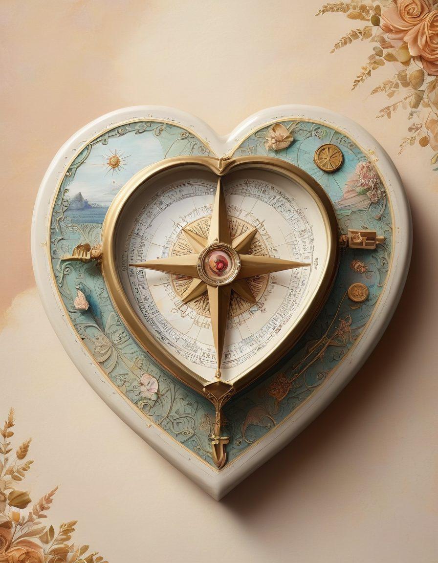 A heart-shaped compass with intricate details, surrounded by various insurance icons like shields, umbrellas, and checklists. The background features a dreamy landscape of interwoven paths symbolizing love and protection. Soft pastel colors with hints of gold accents to evoke warmth and safety. super-realistic. vibrant colors.